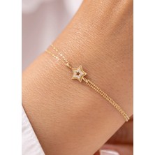 Taşlı Yıldız Çift Zincirli 14 Ayar Altın Bileklik