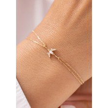 Minimal Tasarım Taşlı Çift Zincirli 14 Ayar Altın Bileklik