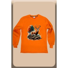 Avcılık Kamp Doğa Vahşi Yaşam Orman ve Geyik Baskılı Regular Fit Bisiklet Yaka Turuncu Sweatshirt