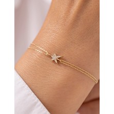 Taşlı Yıldız Çift Zincirli Minimal 14 Ayar Altın Bileklik