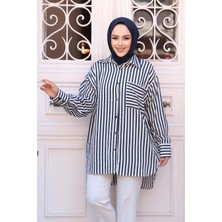 Çizgili Lacivert Tesettür Gömlek 10469L