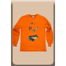 Avcılık Hunting Keklik Baskılı %100 Pamuk Bisiklet Yaka Turuncu Sweatshirt