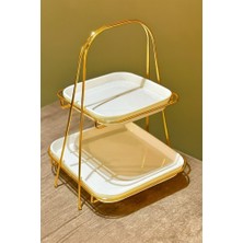 2 Katlı Kare Gold Metal Standlı Mika Sunumluk Şekerlik Lokumluk Kurabiyelik