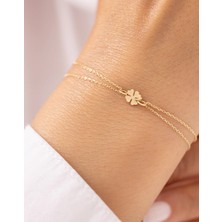 Minimal Yonca Çift Zincirli 14 Ayar Altın Bileklik