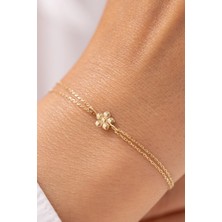 Minimal Çiçek Çift Zincirli 14 Ayar Altın Bileklik
