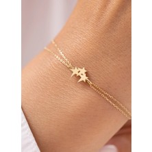 Minimal Üç Yıldızlı Çift Zincirli 14 Ayar Altın Bileklik