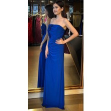 Saks Çiçek Detaylı Straplez Yaka Yırtmaçlı Düz Kesim Likralı Uzun Abiye Elbise 11096