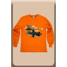 Balıkçı Avcılık Denizde Sandal ile Balık Tutmak Baskılı Regular Fit Bisiklet Yaka Kışlık Sweatshirt