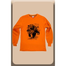Avcılık Hunter Domuz Baskılı Domuz Avcılığı Regular Fit Bisiklet Yaka Turuncu Sweatshirt