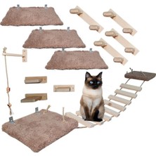 12 Parça Ahşap Peluş Kedi Oyun Seti Köprü ve Platform (Set3) Kahverengi
