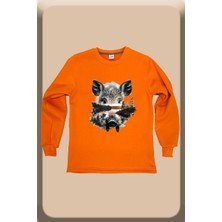 Avcılık Hunting Vahşi Yaşam Domuz Baskılı Pamuklu Regular Fit Bisiklet Yaka Turuncu Sweatshirt