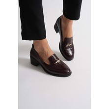 Kadın Hakiki Deri Kroko Baskılı Tokalı Topuklu Ayakkabı - Bordo Rugan