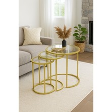 Dekopratik Alya Gold Zigon Sehpa Şeffaf Cam Üçlü Dekoratif Yan Sehpa Modern Tasarım 50 cm Derinlik
