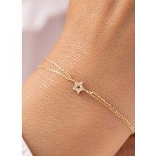 Taşlı Yıldız Çift Zincirli Minimal 14 Ayar Altın Bileklik