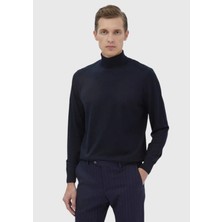 Lacivert Tam Balıkçı Yaka Düz Örgü Yün Karışımlı Triko Kazak