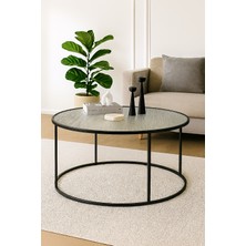 Berlin Nervürlü Camlı Siyah 80CM - Metal Çerçeveli Cam Yuvarlak Orta Sehpa - Modern ve Şık Tasarım