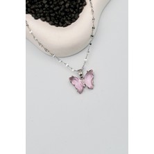 Toz Pembe Taşlı Kelebek Gümüş Çelik Kolye