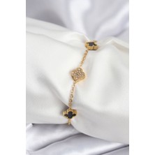 316L Çelik Gold Renk Siyah ve Zirkon Taşlı Baby Boy Yonca Kadın Bileklik - TJ-BB7953