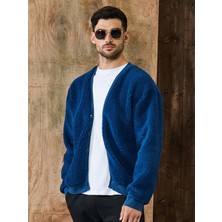 Lacivert V Yaka Düğmeli Peluş Hırka