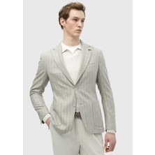 Bej Çizgili Zeroweight Slim Fit Yün Karışımlı Ceket