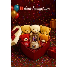 Kalpli Kutu Içinde 5’li Peluş Ayıcık ve Kar Küresi Hediye Seti Sevgiliye Arkadaşa Hediye