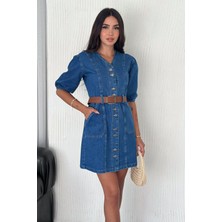 Kadın Düğmeli Denim Elbise – Deri Kemerli & Modern Kesim