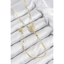 Pirinç Zirkon Taşlı Ezme Zincirli Madalyon Model Gold Renk Y Kolye