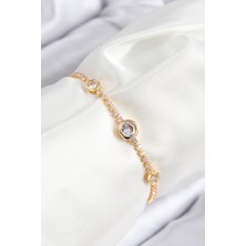 Pirinç Zirkon Taşlı Daire Model Gold Renk Asansörlü Kadın Bileklik