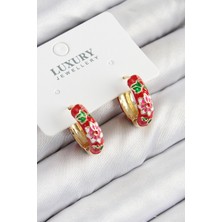 Pirinç Gold Renk Kırmızı Çiçek Işleme Mineli Kadın Küpe