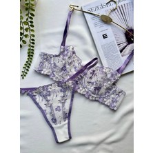 Çiçek Nakışlı Şeffaf Dantel Sütyen Takımı Desteksiz Balenli 75-90B