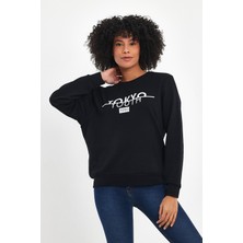 Kadın Bisiklet Yaka Rahat Kalıp 3 Iplik Kalın Tokyo Baskılı  Sweatshirt SPR24SWK30
