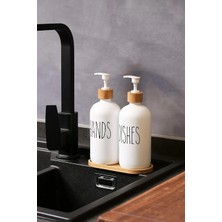 Beyaz Cam Ikili Sıvı Sabunluk Seti 500 ml Bambu Altlıklı