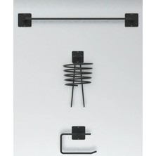 Yapışkanlı 3 Lü Set Siyah Fön Makinesi Askısı Uzun Havlu Askısı Wc Tuvalet Kağıtlık Banyo Seti Siyah