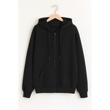 Unisex Siyah Standart Fit Normal Kesim Içi Polarli 2 Iplik Kapüsonlu Fermuarli Sweatshirt Ceket