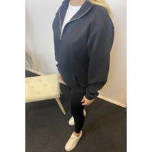 Kadın 3 Iplik Yarım Fermuarlı Kanguru Çepli Sweatshırt SPR24SWK22