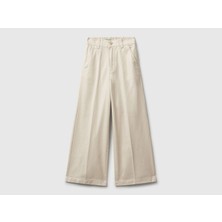 Benetton Kız Çocuk Ekru Düğmeli Cepli Arka Beli Lastikli Denim Pantolon