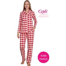 Bie's Kadın Kırmızı Ekose Gömlek Yaka Önden Düğmeli %100 Pamuk Penye Mevsimlik Uzun Kol Cepli Pijama Takım