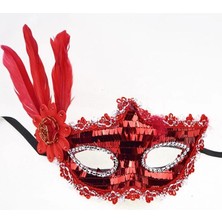 Kırmızı Payetli Pullu Kırmızı Renk Yandan Tüylü Parti Maskesi 18X22 cm