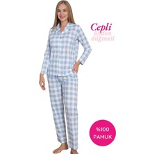 Kadın Ekose Desenli Gömlek Yaka Önden Düğmeli %100 Pamuk Penye Mevsimlik Uzun Kol Cepli Pijama Takımı