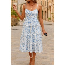 Tua Moda Kadın Sıfır Kol Askılı Dekolteli Yırtmaç Detay Çiçek Baskılı Süprem Midi Elbise