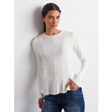32090 Uzun Kollu Peplum Top-Ekru