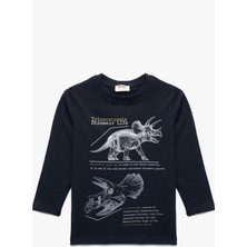 Pamuklu Uzun Kollu Bisiklet Yaka Dinozor Baskılı Tişört