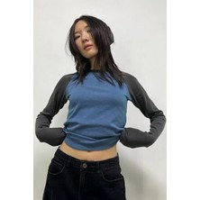 Füme Raglan Kollu Lacivert Basic Uzun Kollu Crop