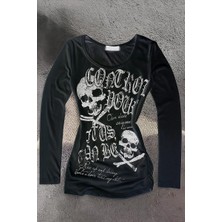 Siyah Gothic Skulls Control Geniş Yaka Y2K Uzun Kollu Crop