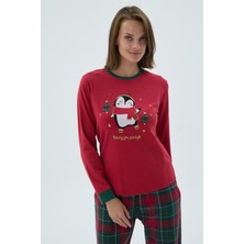 Kadın Kırmızı Uzun Kollu Penguen Baskılı Kareli Pijama Takımı C6T4N371