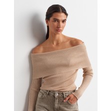 10808 Bardot Yaka Fitilli Simli Triko Kazak-Bej