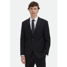 Siyah Düz Modern Fit Yün Karışımlı Takım Elbise