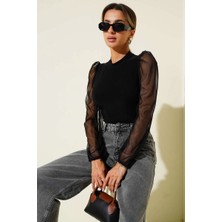 Dik Yaka Tül Kollu Bluz Siyah T3066