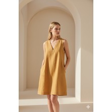Nina Kadın Askılı Kısa Günlük Elbise Keten ve TENCEL™ Hardal