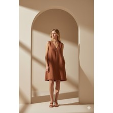 Nina Kadın Askılı Kısa Günlük Elbise Keten ve TENCEL™ Toprak